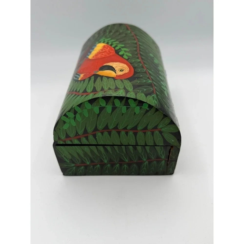 Hand Painted Wooden Jewelry Box Parrot Tropical Bird Hinged Lid Folk Art READ